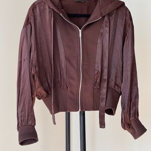 ZARA Brown Cropped Zip Hoodie | Soft Satin Finish | Size M